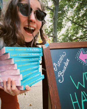 Casey McQuiston Instagram - pov: you’re watching me get increasingly sweaty as i sign stock all over brooklyn and queens 

great news for people who want to preorder THE PAIRING: we still have some stock left for signed/personalized preorders through @strandbookstore until august 5! aaand i’ll have signed books on sale at @therippedbodice bk, both @booksaremagicbk locations, @wordbookstores greenpoint, @astoriabookshop, and @bookculturelic next week! you can preorder now for shipping or local pickup.