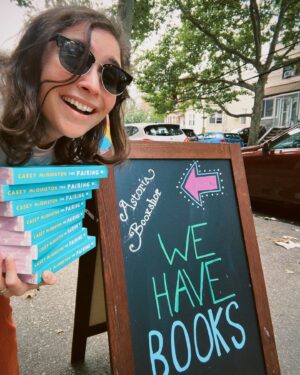 Casey McQuiston Instagram - pov: you’re watching me get increasingly sweaty as i sign stock all over brooklyn and queens 

great news for people who want to preorder THE PAIRING: we still have some stock left for signed/personalized preorders through @strandbookstore until august 5! aaand i’ll have signed books on sale at @therippedbodice bk, both @booksaremagicbk locations, @wordbookstores greenpoint, @astoriabookshop, and @bookculturelic next week! you can preorder now for shipping or local pickup.