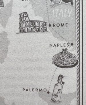 Casey McQuiston Instagram - did you know THE PAIRING has a MAP in it!!!

i have always dreamed of having a book with a map and now i do!!! my team & i wanted to include as many wonderful little details in the packaging as possible and one of them is this geographic guide to the tour, with special illustrations by illustrator Rhys Davies. so many little nods to moments in the book here (especially the message in a bottle, IYKYK). isn’t she gorgeous??
