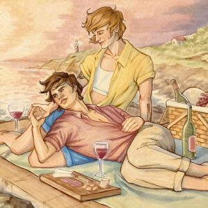 Casey McQuiston Instagram - we are 2 weeks out from THE PAIRING and i’m here with the first of 3 playlists for your listening pleasure!!! featuring cover art of kit & theo by @vkelleyart!

about the playlist: 100 tracks to conjure the atmosphere of a slutty european summer, a mix of french/spanish/italian/basque, some selections from kit’s playlist of local composers for tour destinations, lots of horny anthems, excellent for listening while reading 

about the art: commissioned from @vkelleyart by me a year and a half ago to keep me motivated and inspired while working on the manuscript, with character designs fine-tuned over several rounds of emails, beautiful showstopping etc

link to the full spotify playlist in stories/bio! and individual character playlists for theo & kit coming next week