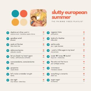 Casey McQuiston Instagram - we are 2 weeks out from THE PAIRING and i’m here with the first of 3 playlists for your listening pleasure!!! featuring cover art of kit & theo by @vkelleyart!

about the playlist: 100 tracks to conjure the atmosphere of a slutty european summer, a mix of french/spanish/italian/basque, some selections from kit’s playlist of local composers for tour destinations, lots of horny anthems, excellent for listening while reading 

about the art: commissioned from @vkelleyart by me a year and a half ago to keep me motivated and inspired while working on the manuscript, with character designs fine-tuned over several rounds of emails, beautiful showstopping etc

link to the full spotify playlist in stories/bio! and individual character playlists for theo & kit coming next week