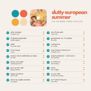 Casey McQuiston Instagram - we are 2 weeks out from THE PAIRING and i’m here with the first of 3 playlists for your listening pleasure!!! featuring cover art of kit & theo by @vkelleyart!

about the playlist: 100 tracks to conjure the atmosphere of a slutty european summer, a mix of french/spanish/italian/basque, some selections from kit’s playlist of local composers for tour destinations, lots of horny anthems, excellent for listening while reading 

about the art: commissioned from @vkelleyart by me a year and a half ago to keep me motivated and inspired while working on the manuscript, with character designs fine-tuned over several rounds of emails, beautiful showstopping etc

link to the full spotify playlist in stories/bio! and individual character playlists for theo & kit coming next week