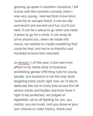 Casey McQuiston Instagram - thank you so much to everyone who voted RWRB as fan favorite at last night’s glaad awards!!!! it’s been such a week, i’m out of words —  but i do have a screenshot of my notes app acceptance speech. so grateful and so lucky. and now 500 naps.

styling: @dottttbass 
makeup: @cvsee 
hair: @daveydidmyhair