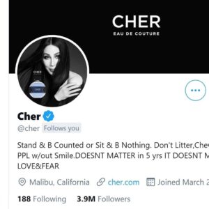 Charlie Hides Instagram - Whenever I feel a bit low I remind myself that Cher only follows 188 people on Twitter. One of them is me!