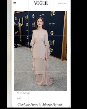 Charlotte Hope Instagram - I really haven’t been out of my house for two years so there might be quite a bit of SAG going OUT content. But lemme start with this. My incredible stylist @aimeecroysdill and i met at school and promised we would work together if we ever “made it”. I am so lucky i get to be dressed by her, and to still count her as a friend. She makes me feel amazing even when I’m falling apart inside. This dress is @albertaferretti with @jimmychoo shoes and makeup by @ktmell. Aimee you are a goddess and i love you forever 🖤