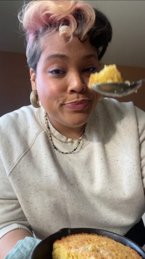Chef Lovely Instagram - Coco = Coconut Milk… it gives the cornbread a sweet floral kiss that takes this recipe to the next level! I think you’re gonna love this one, my loves 😘

Cornbread with Whipped Tangerine Vanilla Honey Butter 

For Cornbread
1/4 c cornmeal 
1/4 c a.p. flour
2 Tbsp sugar
1/4 tsp baking powder 
1/4 tsp salt
2 Tbsp unsalted butter, melted
1 Tbsp unsalted butter
1/4 c   2 Tbsp coconut milk
1 egg, room temperature 

For Butter
8 oz unsalted butter, room temp
3 oz (6 Tbsp) of raw honey 
1 tsp vanilla bean paste
1/4 tsp salt
Zest of one tangerine 🍊 

Directions
Pre-heat the oven to 400°. Place a 6 inch cast iron skillet on a sheet pan & pop it into the oven to get hot.

In a small bowl, whisk together the dry ingredients. Set aside.

In a medium bowl, whisk together the melted butter, coconut milk, and egg.

Pour the dry ingredients into the wet and mix until just combined.

Safely remove the sheet pan from the oven and place on a safe surface. 

Put the 1 Tbsp of butter into the hot skillet and let it bubble & melt down a little.

Pour the cornbread batter into the skillet and immediately place the cornbread into the oven.

Cook for about 18-20 min. Insert a toothpick and when it comes out clean, it’s ready.

For the whipped butter -

In a medium bowl, add in the butter, honey, vanilla, and salt. Beat with a hand mixer until well incorporated. About 5 min.

Add in the tangerine zest and mix well with a spatula or wooden spoon.

Scoop a generous amount of the whipped butter on top of the warm cornbread so it melts into the cornbread 😋 

#LoveYouLetsEat 🍊🧈🧡