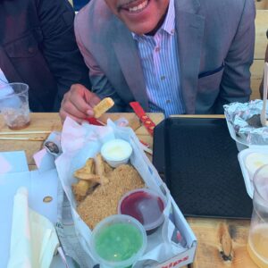 Chris Kamara Instagram - #skullduggerydesserts doing fish and chips and jacket potatoes for desert - unbelievable!