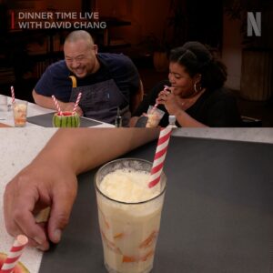 Christina Tosi Instagram - Last night’s #DinnerTimeLive was the SWEETEST episode EVER thanks to a special visit from @milkbarstore’s @christinatosi who prepared an amazing variety of desserts for @davidchang and our official sweetest guest ever @dulcesloan!

Christina started by celebrating Dulcé’s birthday month with a Dulce de Leche Layer Cake (assembled with some help from David & Chris before the show).
Dulcé & David enjoyed some Korean inspired subak soju (blended watermelon mixed with soju) while they waited for the next course of a “Cuppa Creamsicle” (inspired by the Dominican drink “Morir Soñando”).

Christina’s picture perfect Skillet Cookie was served with @strangerthings.things Scoops Ahoy ice-cream! 

The Intermezzo brought a bit of savory to the evening and some healthy competition to the kitchen as David & Christina dueled to see who could make a better Grilled Pimento Cheese Sandwich! Christina used her pepperoni bread and David served his on plain bread with an impromptu pepper soup dish (and a bonus “—ito Pie!”.) 

To finish the incredible dinner service, Christina served her favorite late night snack, the Chocolate Peanut Butter Crunch Pie that is worthy of any late night, early night, all day snacking tbh.

Watch & rewatch the FULL #DessertForDinner episode RIGHT NOW on @netflix! (LINK IN BIO)