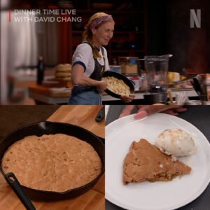 Christina Tosi Instagram - Last night’s #DinnerTimeLive was the SWEETEST episode EVER thanks to a special visit from @milkbarstore’s @christinatosi who prepared an amazing variety of desserts for @davidchang and our official sweetest guest ever @dulcesloan!

Christina started by celebrating Dulcé’s birthday month with a Dulce de Leche Layer Cake (assembled with some help from David & Chris before the show).
Dulcé & David enjoyed some Korean inspired subak soju (blended watermelon mixed with soju) while they waited for the next course of a “Cuppa Creamsicle” (inspired by the Dominican drink “Morir Soñando”).

Christina’s picture perfect Skillet Cookie was served with @strangerthings.things Scoops Ahoy ice-cream! 

The Intermezzo brought a bit of savory to the evening and some healthy competition to the kitchen as David & Christina dueled to see who could make a better Grilled Pimento Cheese Sandwich! Christina used her pepperoni bread and David served his on plain bread with an impromptu pepper soup dish (and a bonus “—ito Pie!”.) 

To finish the incredible dinner service, Christina served her favorite late night snack, the Chocolate Peanut Butter Crunch Pie that is worthy of any late night, early night, all day snacking tbh.

Watch & rewatch the FULL #DessertForDinner episode RIGHT NOW on @netflix! (LINK IN BIO)