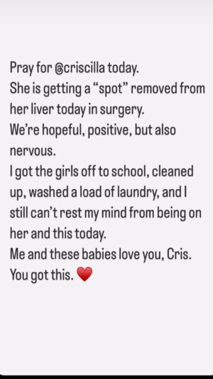 Coffey Anderson Instagram - If you have a minute today, leave an inspirational message for my wife, @criscilla in the comments below. 

- Cris, I know you’re nervous as anyone would be, but you still have the courage to keep doing all you can until this cancer is beat. 
You even flew by herself to ANOTHER STATE to get this procedure done. 💪🏽 That’s just shows that you’re always willing to do what it takes. 
Me and the kids miss you, love you, support you, and admire all you do for us while fighting this. 🤟🏽
As the kids always say “You got this, mom.”
-Fey 

Thank You, to our friend Leah, who is caregiving today and post-op in my place.♥️ You are one of many angels that have helped us through this journey. 
Love you and Nye and thank yall so much.