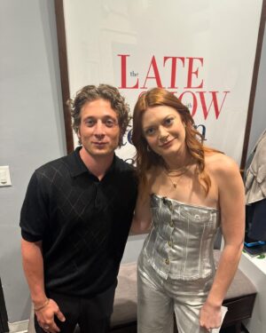 Colby Minifie Instagram - This goofball got called up for the @colbertlateshow day-of which happened to be the same day my high school buddy (and crush) @jeremyallenwhitefinally was on so wowoweewow we said hi hi hi, after which I proceeded to fall down the stairs in my astronaut outfit until a lovely buff security guard caught me like the flailing damsel I am and then I sent this pic to our high school drama teachers @bklyn_pasta and Mala Tsantilas who happened to be together that evening too 🕳️ If it weren’t for these two I don’t know where I’d be. 

But really what a great crew and a fun time and I just learned that there are still two puppies from @animalleague that are available. Go get em! Thank you for having me Colbert! 

Fit from @ganni of course