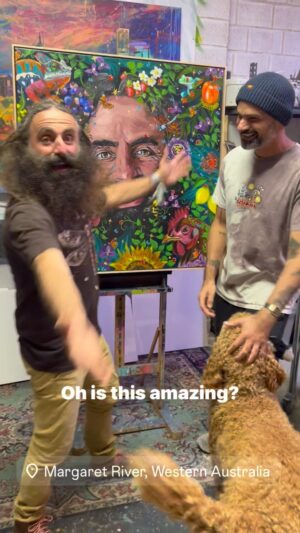 Costa Georgiadis Instagram - What a pleasure it was to learn that i was going to be driving past Aidens house on my way back to Perth from Nannup  he submitted this awesome portrait of me into the @abcbrisbane Bradley Art Prize. Always such a great privilege to see art up close.  @aidanleesmith thanks for the chance to meet you and your work  Loved catching up 👍🏽🧡✅ #portrait  #thebradleys