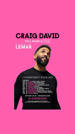 Craig David Instagram - ‘What’s Your Flava?’ 😮‍💨 Always vibing with my band💫Don’t miss out on my 2025 UK Commitment Arena Tour 🔥 Get your tickets now❤️ 
 
🎫 Link in bio 

2nd February: Leeds - First Direct Arena
4th February: Glasgow - Sec Armadillo
5th February: Newcastle - Utilita Arena
7th February: Milton Keynes - Marshall Arena
8th February: Brighton - Brighton Centre
11th February: Cardiff - Utilita Arena
12th February: Nottingham - Motorpoint Arena
14th February: Manchester - Co-op Live
15th February: Birmingham - Resorts World Arena
18th February: Bournemouth - International Centre
20th February: London - The O2