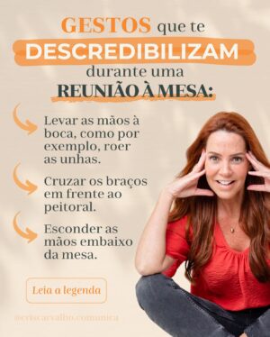 Cris Carvalho Instagram - Esses gestos realmente te desvalorizam e te prejudicam.

E digo mais! 👇🏻

As suas mãos, durante uma conversa à mesa, são responsáveis por gerar: EMPATIA, AUTORIDADE e CREDIBILIDADE. 🤝

O ideal é que você as apoie sobre a mesa para demonstrar confiança e interesse. 😉

Esse conteúdo vale para qualquer interação à mesa, mas principalmente para reuniões de negócios. 🎯

👉🏻 Me conta nos comentários: você sente que as suas mãos, atualmente, te ajudam a comunicar com mais elegância ou te prejudicam??
.
.
.
.
.
#naoverbal #linguagemcorporal #linguagemnaoverbal #gestoscorporais #pnlpractioner #comunicacaoempresarial
