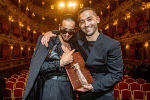 Dali Benssalah Instagram - Our dear @romaingavras just won the international director's award at the German Film
Award for Peace - The Bridge / #friedenspreis
Thank you very much Elisabeth Wicki Endriss @dior 
@ysl ATHENA @netflixfr @netflix @iconoclast.tv