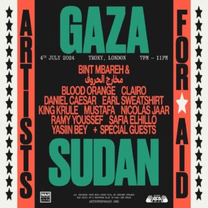 Daniel Caesar Instagram - London! Sudan is calling. Gaza is calling. Every artist here is a hero of empathy, thank you for answering our call. Tickets are on sale at artistsforaid.org at 5pm today. There is a war, hit a chord, cry an answer.