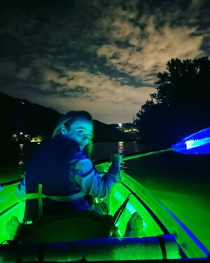 Danielle Harris Instagram - Tackling my fears head on! Trying out some new date night adventures thanks to my friends @glowrowllc !! This was so cool!! If you’re looking for something to do that’s a unique experience, give it a try! You’ll dig it! Thankfully no fish jumped in the kayak on our late night float! @gstafford