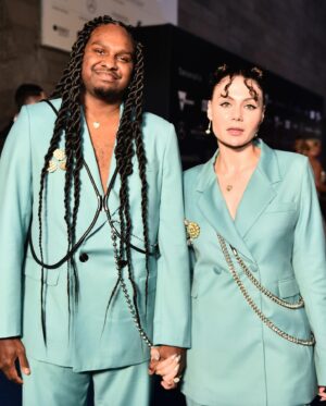 Danzal Baker Instagram - NGV Gala 2023 🩵

suits @wynnhamlyn 
jewellery @sarahgardnerjewellery 
harnesses @publishedby 
shoes @maisonmargiela 
brooches are vintage
styled by yours truly 💁🏻‍♀️

Danzal’s hair by @helenmasoeartistry