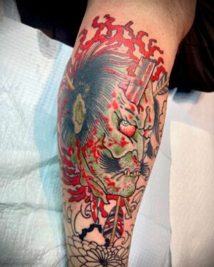 Darren Brass Instagram - Having a blast working through this leg sleeve @brasscitytattoo …  #namakubi #workinprogress #japanesetattoo  #tattoo #colortattoo #tattooart #tattooideas #tattooinspiration #tattooartist #tattoostyle #thepearl #moretocome #pma @thesolidink @hatchback_irons @fivepointsnyc @miamiinklovehate