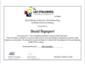 David Rapaport Instagram - I was deeply moved to learn that the @strasberginstitute has created a scholarship in my name! Thank you to the @strasberginstitute @paul_rush_maine @greekgrldmt for this incredible opportunity and for recognizing the importance of supporting actors. I am truly humbled by this honor and I am thrilled to share it with the incredibly talented @nicogreetham.  Can’t wait to see what you do next.  xx