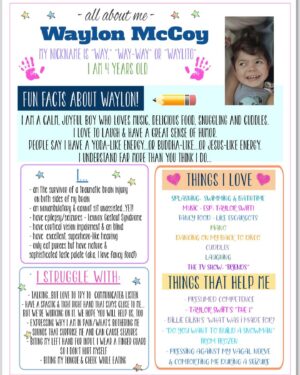 Dawn McCoy Instagram - With Waylon’s 2nd year of preschool starting tomorrow (and 1st full year), I wanted to share our “All About Waylon” info deck that we give to our teachers, aides, assistants, therapists and administrators on the first day.
The whole mission of this little deck is to establish a skilled & compassionate team for Waylon at school - similar to our care team we have at home - and to prepare our team to not only know how to handle any medical situation that could arise but to give the school staff confidence and patience when working with Waylon.
Because, let’s be honest, it can be intimidating, overwhelming and downright scary to work with a little boy with so many medical issues.

I stayed up all night the night before his first day of school in May putting this together and I was exhausted when I woke up, but I felt so reassured that he WOULD be properly taken care of because we were arming them with all of the tools they would need.
It made me  breathe just a little easier - and we will take any easier breath we can get.

If you’re a parent of a disabled kiddo, medically fragile kiddo and/or a kiddo with an IEP, do you do something like this? What have you found most helpful?
(FYI, I found this specific template on @etsy)

Happy back-to-school, everyone! 🚌✏️📓🖍️🏫

*lots of requests for the template - just comment SHOP below and I’ll happily send! Anything to make our lives easier!🩷