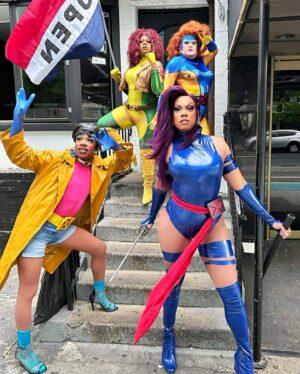 Dax ExclamationPoint Instagram - Just X-Womaning around with my fellow mutants. @dmandamartini  @badgal_tiff  @sirene_noir_sidora_jackson  for #ClassActBrunch @whaledc ❣️❣️❣️❣️also realized after we planned the themed looks that we all chose @jimlee era X-Ladies it’s a theme within a theme! I love when a plan comes together. Thanks to everyone who came out!! #psylocke #rogue #jeangrey #jubilee #drag @marvel #xmen #mutantAndProud