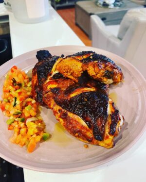 Declan Horgan Instagram - Chef Declan Horgan’s easy Keto Tandoori Chicken.
1. 2 pounds of Chicken thighs Skin on bone in.(what ever way you want them to be will just shorten cooking time and also may lead to drying out of skinless 
2. 4 tablespoons of Greek Yogurt 
3. 1 teaspoon pink salt or kosher salt 
4. 2 tablespoons minced garlic 
5. 1 teaspoon garlic powder 
6. 1 teaspoon of onion powder 
7. 2 tablespoon minced fresh garlic or purée (unsweetened) 
8. 1 teaspoon ground ginger 
9. 1 tablespoon paprika(sweet is great smoked is best)
10. 1 teaspoon ground tumeric powder
11. 1 tablespoon Garam Masala 
12. 1/2 teaspoon Cayene pepper 
13. Olive oil 3 tablespoons or Ghee
14. Lime juice and zest of two limes

Method:
Mix ingredients , score chicken and rub marinade into chicken really get it in there, then place in a zip lock bag or bowl and allow to marinade for min. 8hrs , 24 hours is best. When ready preheat over to 400f . Place thighs on a rack on a sheet pan and with a brush evenly baste the thighs with the marinade and remove any clumps of marinade. Cook for 35-40mins or until the meat had a dark finish and the Centre temps are over 165f.

I serve this with a cooling zesty cucumber drizzle. Easy peasy recipe just blend a cucumber peeled and around 10 mint leaves , lime juice, lime zest from your original two and a cup and a half of Greek yogurt till smooth season to taste.