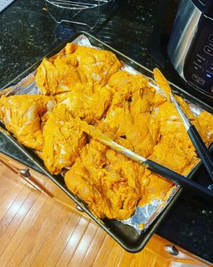 Declan Horgan Instagram - Chef Declan Horgan’s easy Keto Tandoori Chicken.
1. 2 pounds of Chicken thighs Skin on bone in.(what ever way you want them to be will just shorten cooking time and also may lead to drying out of skinless 
2. 4 tablespoons of Greek Yogurt 
3. 1 teaspoon pink salt or kosher salt 
4. 2 tablespoons minced garlic 
5. 1 teaspoon garlic powder 
6. 1 teaspoon of onion powder 
7. 2 tablespoon minced fresh garlic or purée (unsweetened) 
8. 1 teaspoon ground ginger 
9. 1 tablespoon paprika(sweet is great smoked is best)
10. 1 teaspoon ground tumeric powder
11. 1 tablespoon Garam Masala 
12. 1/2 teaspoon Cayene pepper 
13. Olive oil 3 tablespoons or Ghee
14. Lime juice and zest of two limes

Method:
Mix ingredients , score chicken and rub marinade into chicken really get it in there, then place in a zip lock bag or bowl and allow to marinade for min. 8hrs , 24 hours is best. When ready preheat over to 400f . Place thighs on a rack on a sheet pan and with a brush evenly baste the thighs with the marinade and remove any clumps of marinade. Cook for 35-40mins or until the meat had a dark finish and the Centre temps are over 165f.

I serve this with a cooling zesty cucumber drizzle. Easy peasy recipe just blend a cucumber peeled and around 10 mint leaves , lime juice, lime zest from your original two and a cup and a half of Greek yogurt till smooth season to taste.