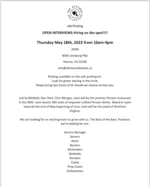 Declan Horgan Instagram - Hiring event starting Wedensday 5/17/2023 listed are the positions we are looking to fill massive opportunity for the right people and amazing management team and concept.
