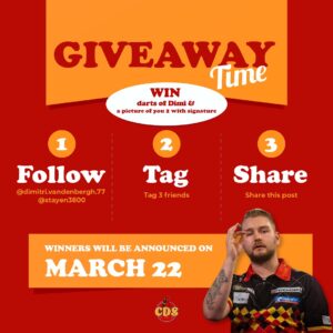 Dimitri van den Bergh Instagram - WINNAAR REEDS BEKENDGEMAAKT
🎯 GIVEAWAY ALERT met Dimitri Van den Bergh!
🌟Om de opening van CDS te vieren, geven we iets speciaals weg. Maak kans op de nieuwste pijltjes van Dimitri   een unieke polaroidfoto van jullie 2 met zijn handtekening, speciaal voor jou. En ja, de winnaar wordt al deze vrijdag, 22 maart om 17h00, bekendgemaakt!

Doe mee en misschien sta jij straks wel oog in oog met Dimitri tijdens onze CDS opening, waar hij jou persoonlijk je prijs overhandigt. 🌟 Plus, iedereen is uitgenodigd om een pijltje te gooien met Dimitri of gewoon een gezellige babbel met hem te slaan.

Zo maak je kans:

🎯 Volg @dimitri.vandenbergh.77 & @stayen3800 
👥 Tag 3 vrienden in de comments
📲 Deel deze post op je verhaal

Mis deze unieke kans niet en vier samen met ons de opening van CDS!

#CDSOpening #DimitriGiveaway #hotelstayen #stayen3800 #stvv #sinttruiden #shop #meet #eat #sleep #shopmeeteatsleep #unodue #CDS #grandcafe