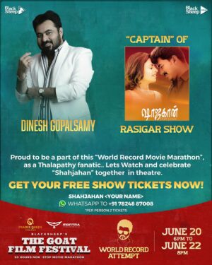 Dinesh Gopalsamy Instagram - Thrilled to be part of the World Records Movie Marathon and honored to be a CAPTAIN for the movie “Shajahan.” Join with me in celebrating Thalapathy Vijay Anna 50th Birthday!

Blacksheep’s The Goat Film Festival 

“Vijay Anna Happy Birthday 🎈🎂”

#TheGoatFilmFestival #BlackSheep #HBDVijay #Vijay50