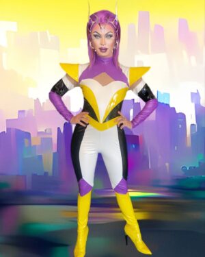 Dollya Black Instagram - 💛🤍Non-Binary Superhero Powers Activate!💜🖤 It’s super important to live as out and proud as possible in these trying times. I am proud to be non-binary☺️ gender is on a spectrum and I am happy to have found my place within it. Happy Pride! 🌈
He/They out of Drag and She/Her in Drag 

Headpiece: @thegregorykara 
Catsuit: @c92era