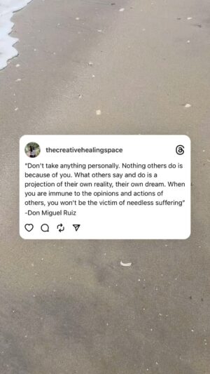 Don Miguel Ruiz Instagram - 📸 @thecreativehealingspace
・・・
A reminder to emotionally rest! Learning to stop taking things personally is the first step! You are only in control of YOU, so focus on that and watch how your life blooms 🌱

#sacredrest #restisresistance #restisproductive #restisimportant #fyp #reeloftheday #beachlover #oceanlover #summertime #peacewithin #peaceofmind #fouragreements #donmiguelruiz #qotd #authorquotes