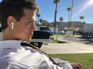 Douglas Smith Instagram - What a delight being on the set of @dontworrydarling was! Here are some photos snapped while we filmed in Palm Springs back in autumn of 2020 during those scary pre-vaccine days of the pandemic. Super grateful to @oliviawilde for being included in her beautiful film! Dive in to the world she created at your local cinema now! You won’t regret it 😍 also still not sure how I fit into that car 😂