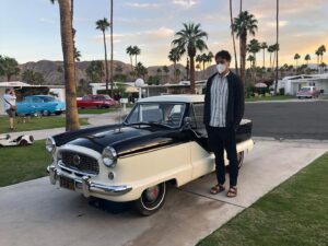 Douglas Smith Instagram - What a delight being on the set of @dontworrydarling was! Here are some photos snapped while we filmed in Palm Springs back in autumn of 2020 during those scary pre-vaccine days of the pandemic. Super grateful to @oliviawilde for being included in her beautiful film! Dive in to the world she created at your local cinema now! You won’t regret it 😍 also still not sure how I fit into that car 😂