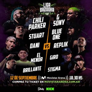 Dtoke Instagram - ¡BAZOOKA ACCEDE AL SIGUIENTE NIVEL!🚨Después de agotar el Luna Park y llenar los mejores venues y teatros míticos de Buenos Aires (Broadway, Opera, Gran Rex), la liga de Dtoke y Papo lleva las batallas escritas al Movistar Arena: el lugar donde el freestyle tocó su techo histórico en Argentina.
El próximo 12 de septiembre, Liga Bazooka presentará su nueva edición internacional con cinco batallas imperdibles. En la estelar, Chili Parker vs G Sony se debatirán el Top 1 de Argentina. Tras su cruce con Coqéein Montana que se volvió viral ( 5 millones de views en YouTube), G Sony enfrentará a Chili Parker, cara de las escritas argentinas que fue estelar en el Luna Park contra el mexicano Blue One.
En la co-estelar se enfrentan Stuart vs Blue One. El mexa, que dejó una gran impresión en el Luna, vuelve a Buenos Aires para enfrentar a Stuart, una revelación de la disciplina, considerado de las plumas más finas del país.
Para la mitad de la carta, Bazooka presenta el debut de Dani. Uno de los nombres más queridos de la Generación Quinto Escalón se enfrentará a Replik, que viene de batallar contra Jaloner.
La segunda batalla de la noche será El Menor vs Giro. El chileno, que hizo su debut en el formato dentro de esta liga, se medirá con el pequeño Giro, un prodigio argentino de 13 años. Ambos intentarán demostrar cuál de los dos es la mayor amenaza. 
La batalla de apertura de esta edición también se dirimirá entre un argentino y un chileno, pero en este caso serán dos rapeadores veteranos: Brillante vs Stigma. El local (que entonó “Muchachos” contra C. Terrible), vivió en Chile y arrastra un lore con ese país. Mientras que Stigma, otro debut de Bazooka, también tiene su pasado con Argentina. Llegó la hora de ajustar cuentas.
 
🚧Presencia estos cruces históricos en vivo el próximo 12 de septiembre, en el Movistar Arena. El estadio de más fácil acceso en transporte público de la ciudad de Buenos Aires.
 
🚌Líneas de colectivo: 42, 55, 63, 78, 87, 93, 111, 176, 19, 47, 65, 71, 76, 90, 127
🚎Metrobus: 34, 99, 109, 110, 166, 172
🚇Subte: Línea B (Estación Dorrego)
🚈Trenes: Urquiza (Estación Federico Lacroze), San Martín (Estación Villa Crespo)