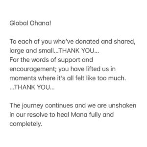 Eka Darville Instagram - Global Ohana!

To each of you who’ve donated and shared, large and small…THANK YOU…
For the words of support and encouragement; you have lifted us in moments where it’s all felt like too much.
…THANK YOU…

The journey continues and we are unshaken in our resolve to heal Mana fully and completely.

For those with 12minutes to spare, watch the detailed video update. For those who don’t, here is my ask: 

- Mana is having a second surgery to debulk the primary tumor
- This will happen at 12noon on the 12th of April Central Standard Time
- The hospital is - Memorial Herman Childrens, Houston Texas
- Our Surgeon is Dr. David Sandberg 

If you feel called to, at that time, take a moment to light a candle and send a prayer for Mana that includes - 

1. That Dr. Sandberg moves with absolute precision & care, and is a vessel to channel the global outpouring of healing & love directed towards Mana.
2. That All of the primary tumor is removed
3. The biggest risk going into this surgery is that Mana looses, what limited movement he has left down the right side of his body. Pray that ALL of his movement is preserved and can be fully rehabilitated
4. The first blood that Mana will be transfused with is mine, however, he will also receive from others who’ve selflessly donated. Pray that all blood products he receives, are clean, vital and easily assimilated by his body.

Your love, belief and collective power have fortified our love of humanity. Mana’s story will be a story of beauty, power & triumph of the human spirit. THANK YOU for being a part of that story!

In fierce Love,
Papa Eka & Mama Lila