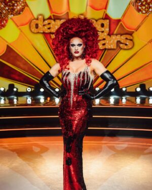 Elektra Shock Instagram - Start your engines….and may the best dancer…win! 
DWTS @threenewzealand 

Wig: @popsticklewigs 
Makeup: @chay_roberts_makeup 
Jewellery: @misstrinityice & @michaelhillj 
Dress: Made by me! 

#dwts #allstars #drag #wig