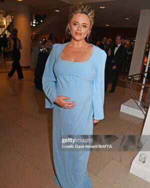 Emily Atack Instagram - I think I deserve a bafta for most club sandwiches consumed before 4pm? 
Huge privilege as always to attend @bafta - 

I had a particular idea in mind for what I wanted for my dress, and the very clever  @franksldn made it for me in such a short space of time. I’ll treasure it always as the last dress I wore whilst pregnant to a red carpet event. 

Well done to nominees and winners, and I hope Lorraine Kelly gets leathered tonight @lorraine ❤️

#baftatvawards with @pandocruises @gettyentertainment