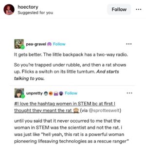 Emily V. Gordon Instagram - This post from @hoectory has brought me so much joy in the last few days that I wanted to share it. Kumail would walk into a room and I’d just be giggling to myself over this. 

Imagine you’re trapped in a collapsed building and a rat with a backpack on runs up and introduces itself? 
I couldn’t love this more.