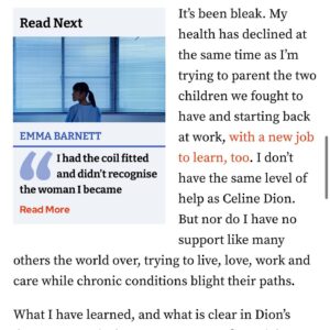 Emma Barnett Instagram - I was so moved by @celinedion return last night at the #olympicopeningceremony in #paris. My god what she has suffered. Sometimes only work will work when your body and mind fails you. Some excerpts from my @theipaper column this week. Read the full thing via #linkinstories 

#chronicpain #celinedion #pain #work #trying