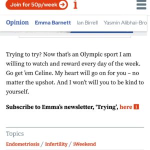 Emma Barnett Instagram - I was so moved by @celinedion return last night at the #olympicopeningceremony in #paris. My god what she has suffered. Sometimes only work will work when your body and mind fails you. Some excerpts from my @theipaper column this week. Read the full thing via #linkinstories 

#chronicpain #celinedion #pain #work #trying