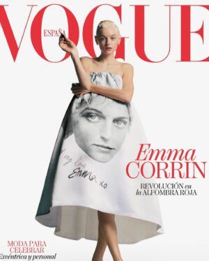 Emma Corrin Instagram - boys r back in town 

the one and only @harry_lambert for @voguespain !!! 

suit by glorious @miumiu
jewels by @cartier 
shot by @willscarborough 
legendary custom dress by @maxallenbabes