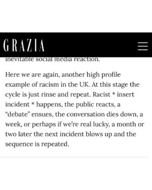 Emma Dabiri Instagram - No way I’m making “new content” to respond to the 2024 race riots. It’s all been said before and I honestly think part of the problem is our short term, non strategic, reactionary approach to everything. So just sharing a few bits from the wild ride that was 2020   2021 that not only do I think remain relevant but need to actually be fully addressed !!! (Incidentally the @grazia articles are from one story on Meghan Markle and another on Sancho, Rashford and Sako but could be *INSERT RACIST INCIDENT OF CHOICE” it’s allllllll the same ting) 

In What White People Can Do Next; From Allyship to Coalition, borrowing from the sociologist Vron Ware, I wrote about how the elimination of pervasive racism is part of an overarching ‘politics of change that does not provide short-term gratification’. The antithesis perhaps then of social media use, with its quick dopamine hits.
The harder slog of necessary anti-racist work that occurs offline, certainly doesn’t “reward” us with the same immediate “buzz”. 

“Don’t be discouraged by this; the on-going nature of this work is part of what makes it all the more urgent. As many of us as possible must embark on the journey”. The effort required may well be more enduring, but so to will be the rewards…

In our increasingly fractured and divided times, we must see that our current framing of conversations about race simply don't work. To continue on the same path is a self indulgence we can no longer afford.