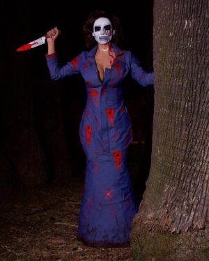 Erika Klash Instagram - 🔪🩸🎃 The Shape 
(Mikal Myers) 🎃🩸🔪
-
Michael Myers is my personal horror icon. He terrified me until the age of 9 or 10, and then I became fascinated with this enigmatic character. Watching the Halloween movie marathons every October on @amc_tv Monsterfest got me through a lot of tough, lonely times while growing up. In designing this look I was inspired by the recent Halloween film trilogy and it’s attention to forensic-level details. From looking through screenshots of Michael’s costume in Halloween 2 (1981) for the precise bullet hole placement, to emulating the grey creases on the original mask, to *which* eye was bleeding from the wire hanger, I wanted everything to line up perfectly. Video will be up tomorrow and it’s going to be a mini-movie for sure!