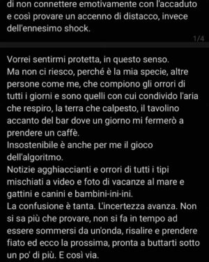 Federica Sabatini Instagram - Qualche giorno fa, passeggiando in centro a Roma mi sono imbattuta in questa frase, lì per lì ho pensato fosse un peccato che ne mancasse un pezzo. 
Ci ho pensato spesso nei giorni successivi, perché l'ho vista in un momento dove sentivo forte dentro un discorso, sicuramente vasto e un po' scollegato in quel momento, che ho provato a mettere insieme oggi, mentre ero in pausa e che segue nelle foto successive. 
Sento che mancano dei pezzi, che l'elaborato interiore è molto più specifico nelle sue parti ma qui è generale, perché il soggetto è unico e lo spazio ristretto. 
Non so neanche bene perché ho scelto di condividerlo, forse perché mi sconforta tanto da dover rompere il silenzio. È solo una riflessione, una condivisione, qualcosa per fermare il senso di impotenza che spesso sento davanti a quello che succede nel mondo e che mi ritrova ferma nella confusione. Come un essere minuscolo davanti a uno tsunami. 
Vabbè, ora è anche qui.