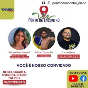 Felipe Colares Instagram - #Repost @pontodeencontro_diario with @use.repost
・・・
Homenagem. 

Nesta quarta-feira falaremos sobre esporte!

E com a esposa do @felipecabocaoufc, @profjacquelineamaral ,estaremos falando sobre  o  lançamento do Instituto em homenagem ao Felipe, in memorian, e também receberemos o seu irmão e vice presidente do Instituto o @laurocolares para falar mais sobre o assunto. 

Assista nesta quarta na rádio @diariofmmacapa, que tem transmissão pelas redes sociais da diário e do jornalista e apresentador do programa @cleberbarbosaoficial
.

#cabeção
#Institutoatleta
#esporte