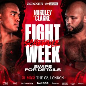 Frazer Clarke Instagram - Your 𝐅𝐢𝐠𝐡𝐭 𝐖𝐞𝐞𝐤 𝐒𝐜𝐡𝐞𝐝𝐮𝐥𝐞 🔥

Drop your fight night predictions… Any upsets on the card?👇👀

#WardleyClarke | 31.03.24 | @skysportsboxing | @peacock