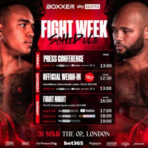 Frazer Clarke Instagram - Your 𝐅𝐢𝐠𝐡𝐭 𝐖𝐞𝐞𝐤 𝐒𝐜𝐡𝐞𝐝𝐮𝐥𝐞 🔥

Drop your fight night predictions… Any upsets on the card?👇👀

#WardleyClarke | 31.03.24 | @skysportsboxing | @peacock