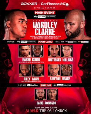 Frazer Clarke Instagram - Tonight’s 𝐑𝐮𝐧𝐧𝐢𝐧𝐠 𝐎𝐫𝐝𝐞𝐫 📝

Following on from the Man City v Arsenal game, stick around for a fully stacked card 🩸⚽️

Main Event ring walks expected from 8:30pm 👊

#WardleyClarke | 31.03.24 | @skysportsboxing | @peacock | @carfinance247